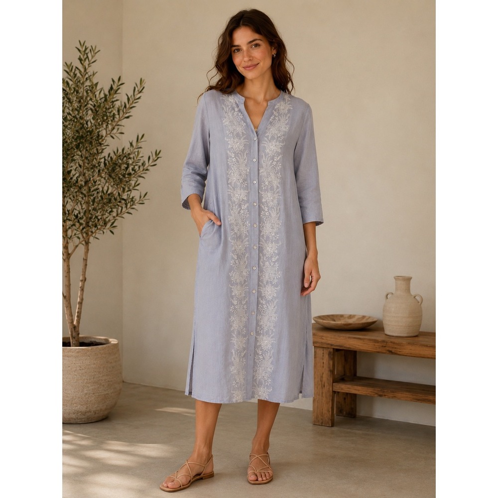 J. Jill Blue Embroidered Button Front Tunic Dress XS New NWT Boho Floral Pockets